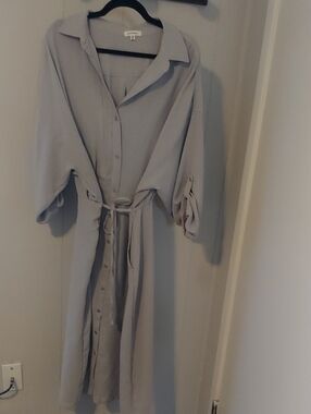 Max Studio Taupe Button-Front Maxi Dress with Tie Waist